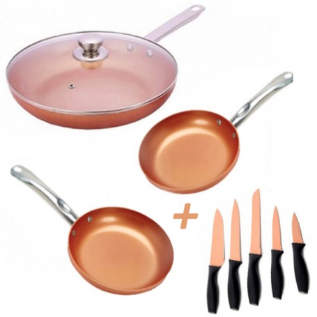 Copper Pan Set de 3 Sartenes de Cobre + Set 5 Cuchillos  - LA TIENDA EN CASA - TELETIENDA - TELETIENDA EN CASA